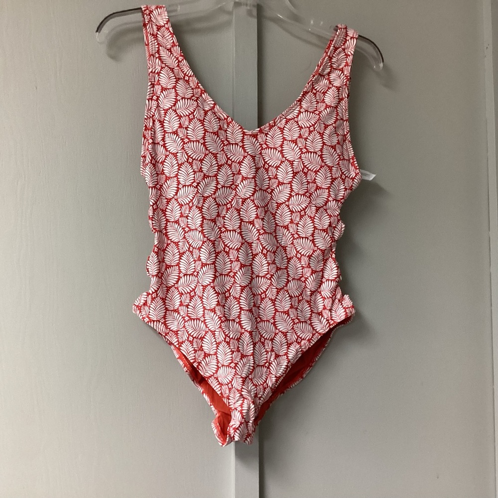 LOFT Size M SwimSuit Bathing Suit Orange White One Piece With Cut Out Side New